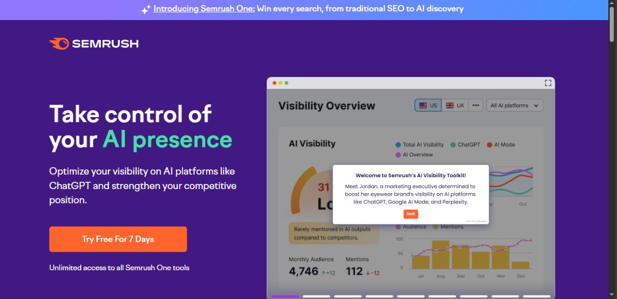 Semrush AI SEO Toolkit - alternativas ao xFunnel