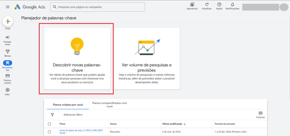 Escolha entre começar com um site ou começar com palavras-chaves 