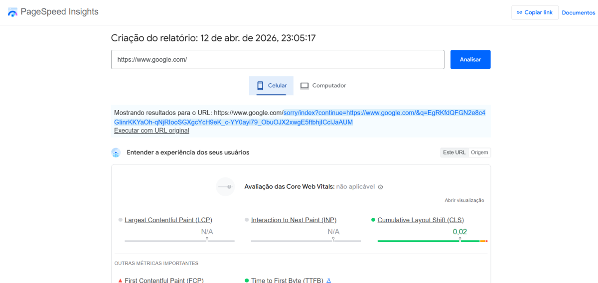 Relatório do PageSpeed