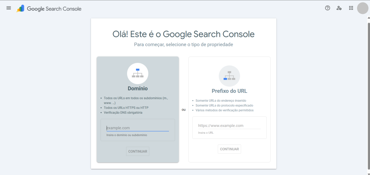 Google Search Console - adicionando uma nova propriedade de site