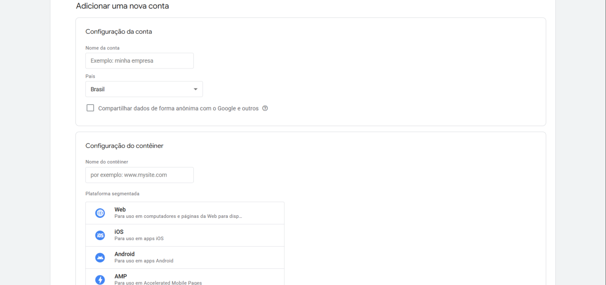 Google Tag Manager criando conta e container