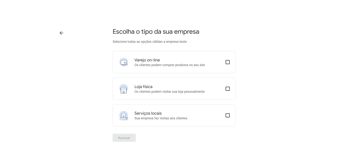 Google Meu Negócio - escolha tipo de empresa